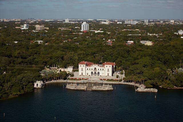 Aerial view from Biscayne Bay of the Vizcaya Museum & Gardens in Miami, Florida, the onetime villa in the city's fashionable Coconut Grove neighborhood built for James Deering, of the Deering McCormick-International Harvester enterprise